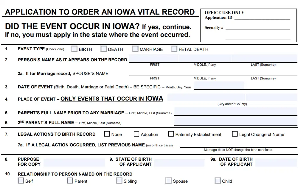 A screenshot of the form to order Iowa vital documents, where requesters must complete the necessary information, including selecting which document to request and more.