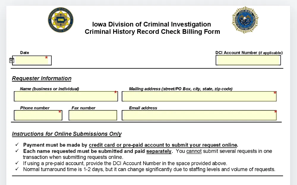 A screenshot of the Criminal History Record Check Billing Form for the background check through the Iowa Department of Criminal Investigation requires the requester to input the required fields (denoted by an '*'); online submission instructions are also visible.