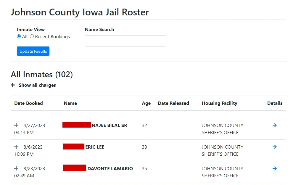 A screenshot of the Johnson County, Iowa Jail Roster on the Sheriff's Office's page displays the list of inmates with their full name, date booked, age, date release and more details by clicking the link (arrow).