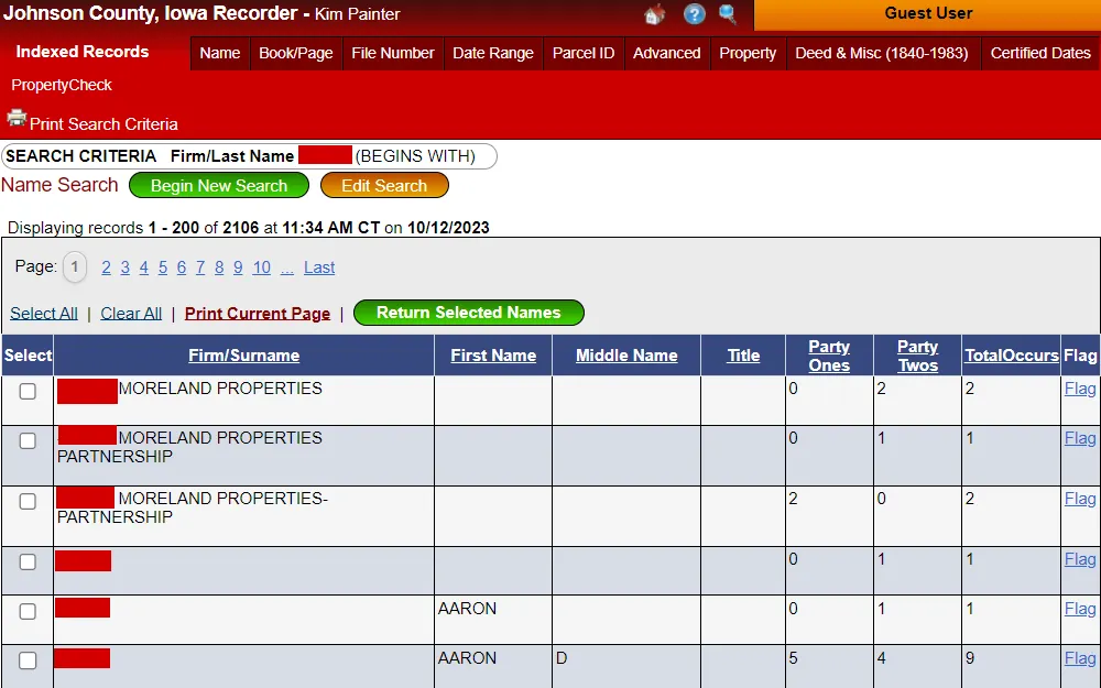 A screenshot of the list of properties from the results of a search on the Johnson County, Iowa Recorder's page displays information such as the owner's name, title, and more.