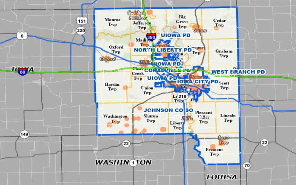 A screenshot showing the restricted zones specifically displaying Iowa City and its counties from the Johnson County Government website.