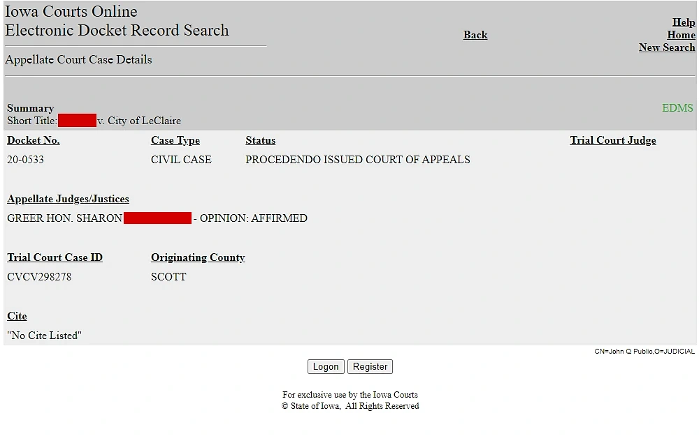 A screenshot of the Appellate Court case details, including the docket number, case type, status, trial court judge, trial court case ID, and originating county.
